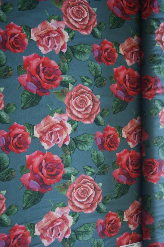  BW - Jersey petrol mit Rosen rot/rosa