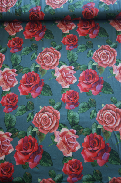  BW - Jersey petrol mit Rosen rot/rosa