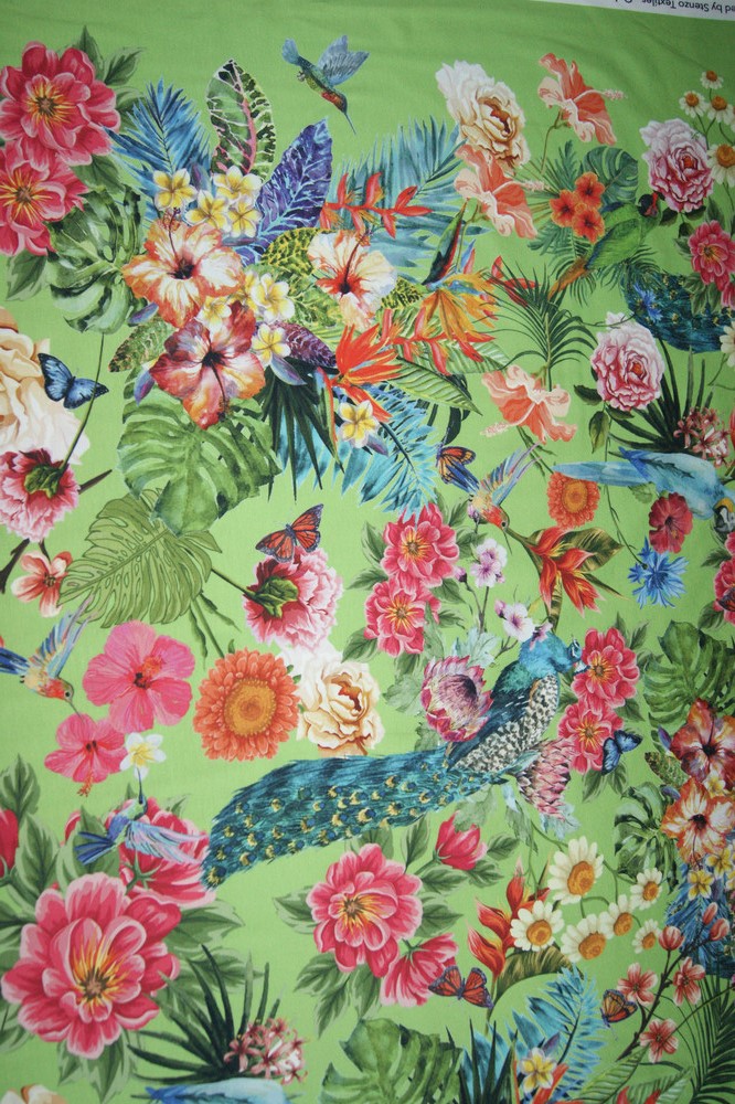  BW-Jersey grün tropische Blumen&Vögel bunt