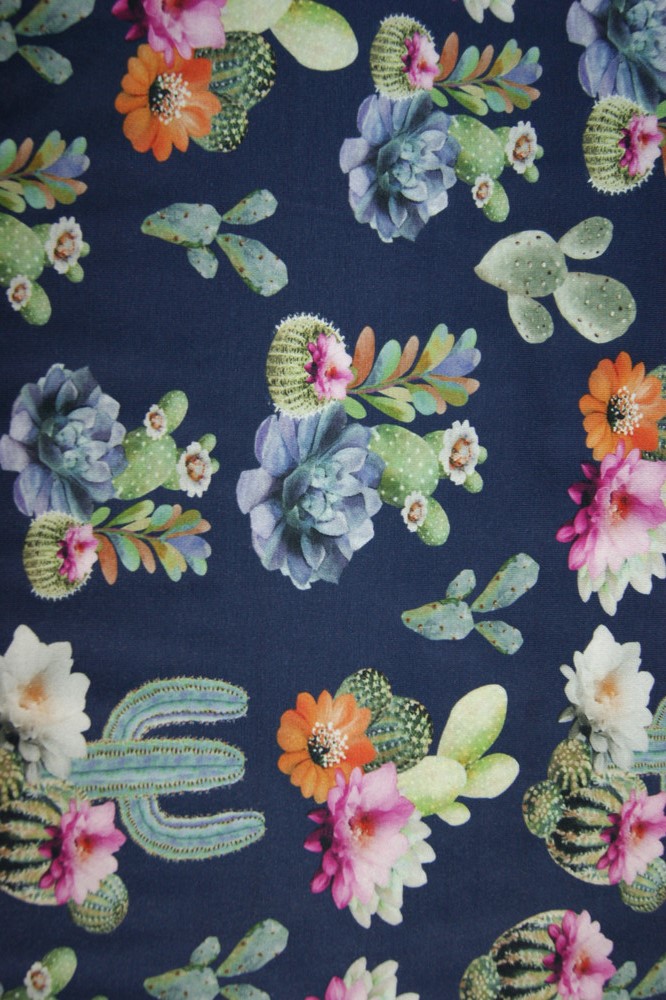 BW-Jersey dunkelblau Blumen & Kakteen bunt