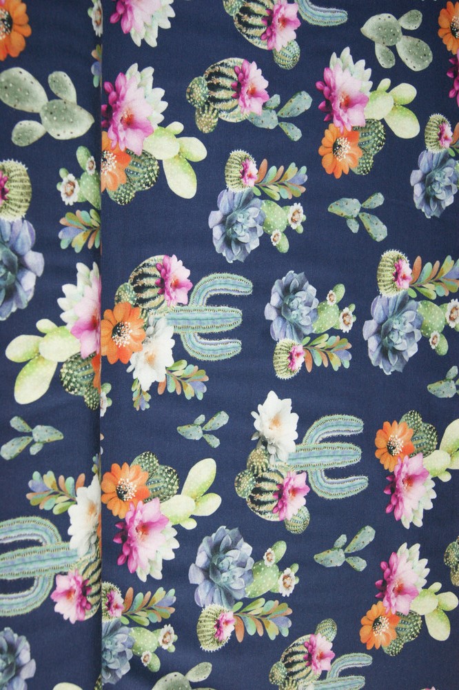  BW-Jersey dunkelblau Blumen & Kakteen bunt