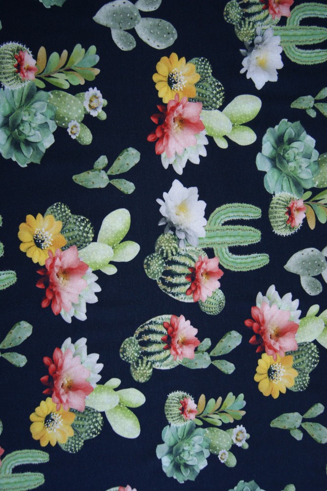 BW-Jersey schwarz Blumen & Kakteen bunt