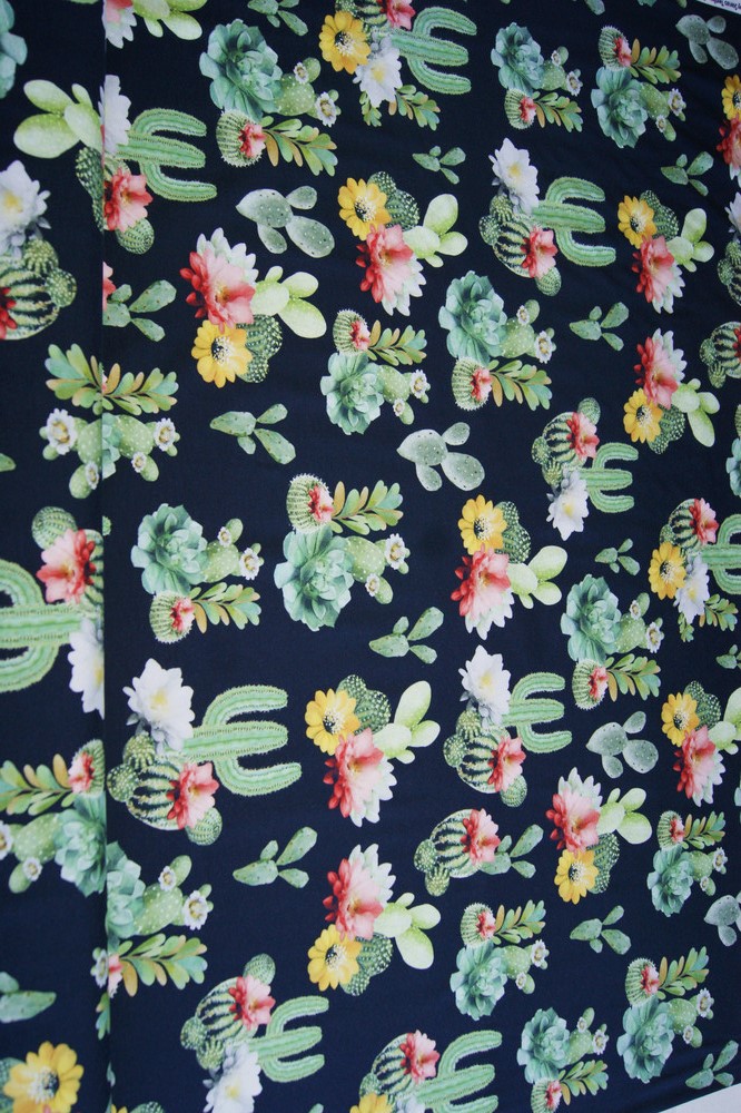  BW-Jersey schwarz Blumen & Kakteen bunt